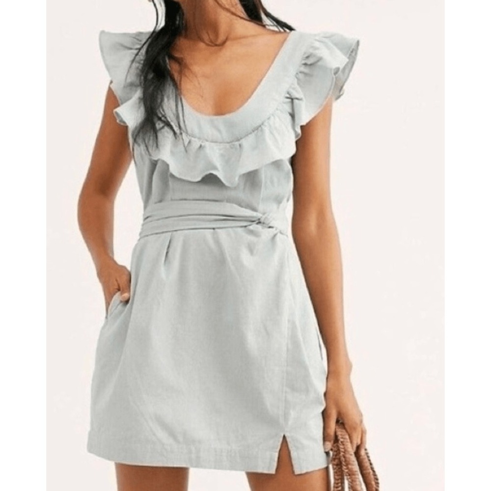 Freeโ People Light Blue Ruffle Tie Waist Linen Blend Dress XS Criss Cross Back